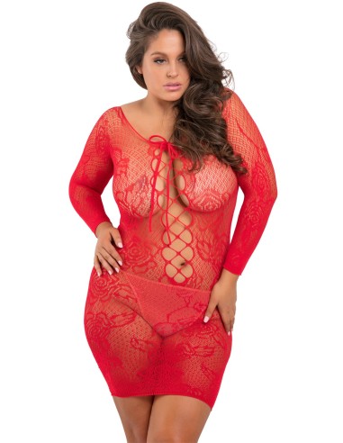 Large size red nightie fine fishnet long sleeves - REN7067X-RED