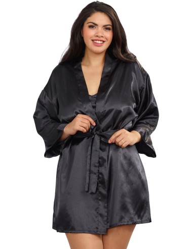 Large size black nightie with satin bathrobe - DG3717XBLK