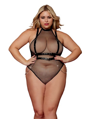 Fishnet bodysuit, large size, with faux leather harness and chains - DG13291XBLK