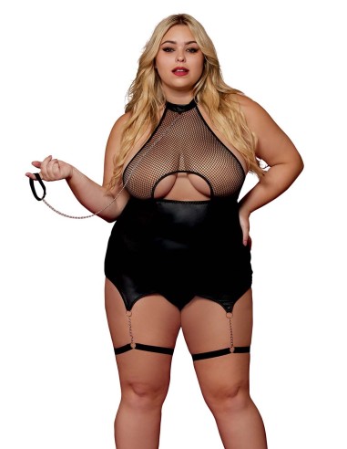 Zwarte BDSM bodysuit, groot formaat, mesh met korset/jarretelgordel, kunstleer, geïntegreerd - DG13295XBLK