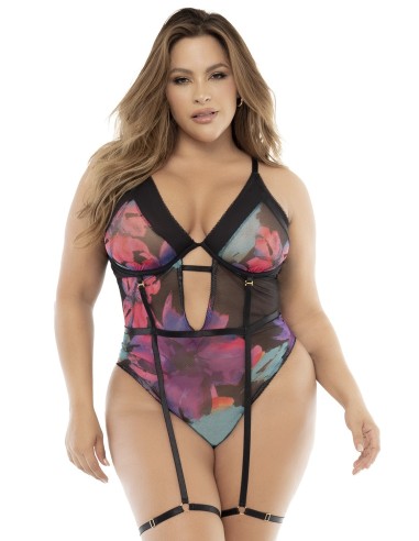 Body negro, talla grande, estampado de flores exóticas - MAL8774XPRT