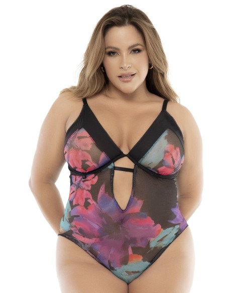Black bodysuit, large size, exotic flower print - MAL8774XPRT