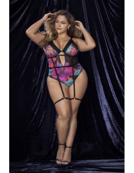 Black bodysuit, large size, exotic flower print - MAL8774XPRT