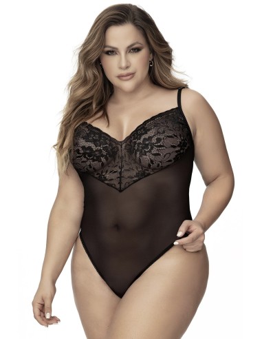 Bodysuit, large size, black lace and black fishnet - MAL8795XBLK