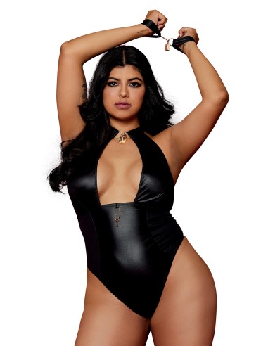 Groot formaat zwarte wetlook bodysuit met handboeien, sieradenhangslot en sieradensleutel inbegrepen - DG12814XBLK