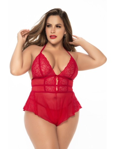 Red plus size babydoll effect bodysuit and matching thong - MAL7445XRED