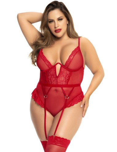 Plus size red bodysuit with suspender belt - MAL8724XRED