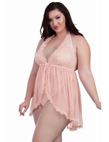 Grote maten stringbody met open halslijn met babydoll-effect - DG11513XPNK