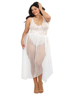 Plus Size White High Cut Lace Thong Bodysuit with Removable Sheer Mesh Skirt - DG10996XWHT