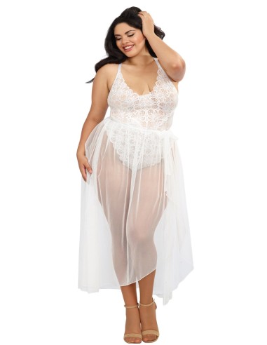 Plus Size White High Cut Lace Thong Bodysuit with Removable Sheer Mesh Skirt - DG10996XWHT