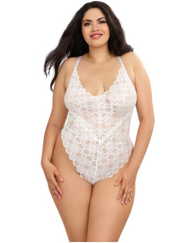 Plus Size White High Cut Lace Thong Bodysuit with Removable Sheer Mesh Skirt - DG10996XWHT