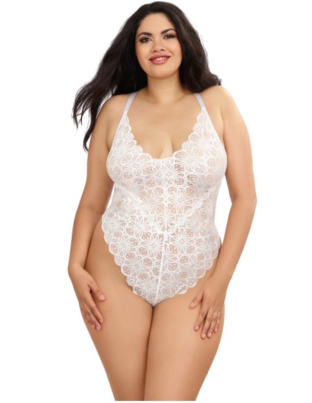 Plus Size White High Cut Lace Thong Bodysuit with Removable Sheer Mesh Skirt - DG10996XWHT