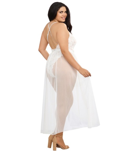 Plus Size White High Cut Lace Thong Bodysuit with Removable Sheer Mesh Skirt - DG10996XWHT