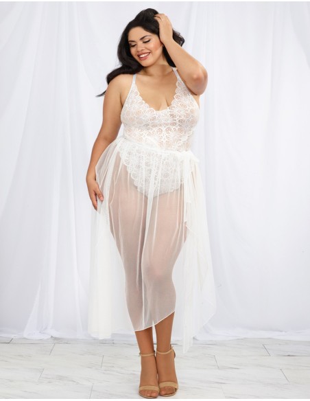 Plus Size White High Cut Lace Thong Bodysuit with Removable Sheer Mesh Skirt - DG10996XWHT