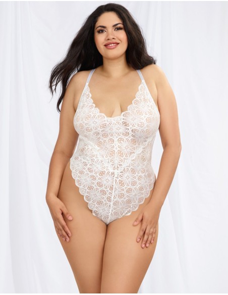 Plus Size White High Cut Lace Thong Bodysuit with Removable Sheer Mesh Skirt - DG10996XWHT