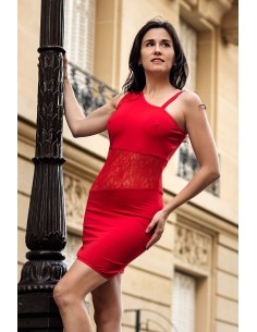 Paola rode asymmetrische jurk met kant - LDR3RED