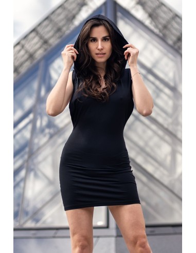 Sensual black dress with hood and chest band Adriana - LDP2BLK