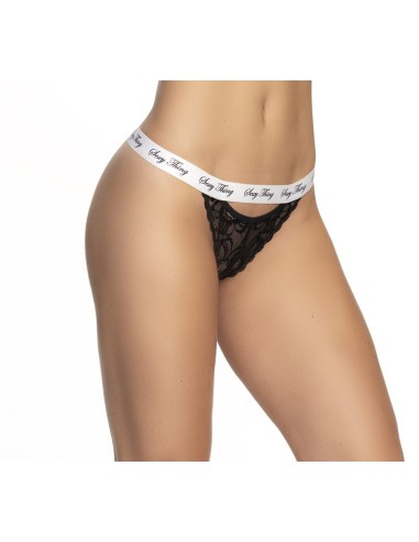 Black lace panties with white printed belt - MAL118BKW