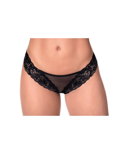 Thong with lace and fine black fishnet - MAL109BLK