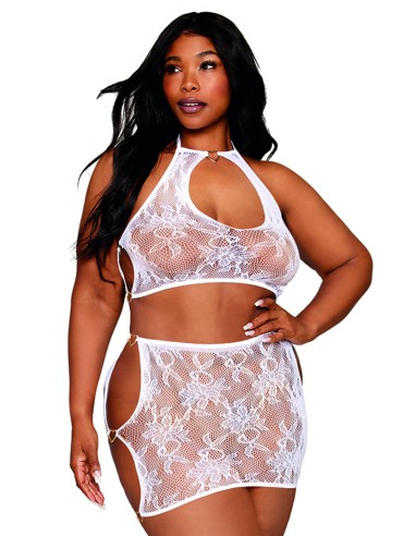 Conjunto de 2 piezas de top y falda talla grande en rejilla fantasía blanco - DG13309WHT