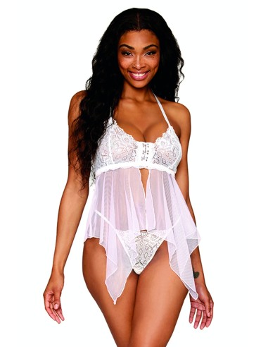 Babydoll en string in visnet en wit kant - DG13314WHT