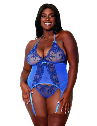 2 piece set large size blue bustier suspender belt and thong - DG12957XPER