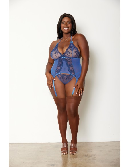2-delige set grote maat blauwe bustier jarretelgordel en string - DG12957XPER