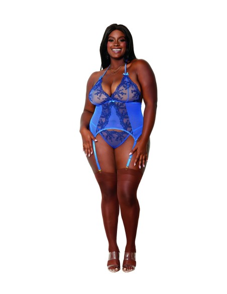 2-delige set grote maat blauwe bustier jarretelgordel en string - DG12957XPER