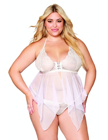 Groot formaat babydoll en string in visnet en wit kant - DG13314WHT