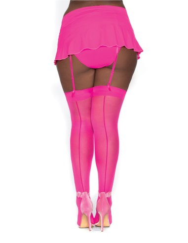 Nylon stockings neon pink large size seams for suspenders - DG0007XHPK