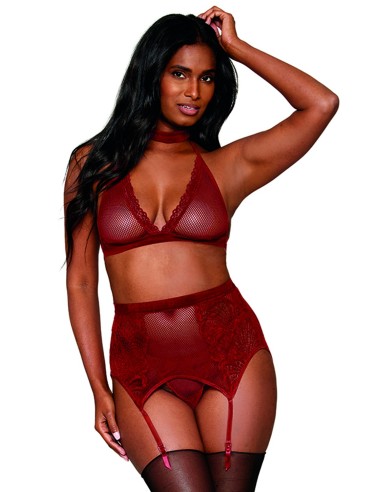 Red 4-piece bra, choker, g-string and suspender belt set - DG11776GAR