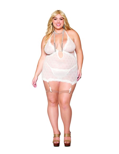 Large size white suspender corset with rhinestones and thong included - DG13313XWHT