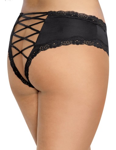 Tanga de raso negro talla grande con cenefas de encaje calado en las nalgas - DG1434XBLK