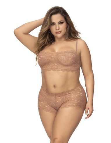 2-piece set in large lace, strapless top and shorty in taupe - MAL206XTAUP