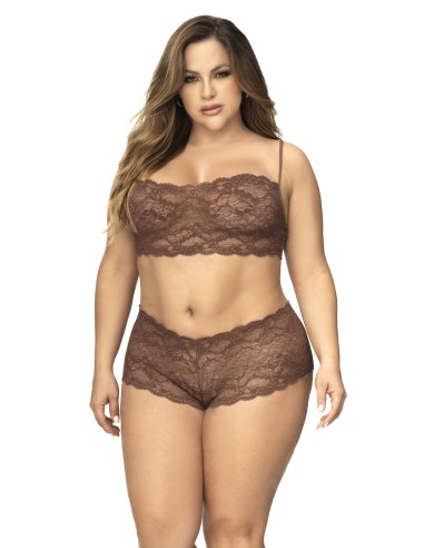 Ensemble 2 pièces en dentelle grande taille, top à bretelles et shorty couleur cacao - MAL206XCOCO