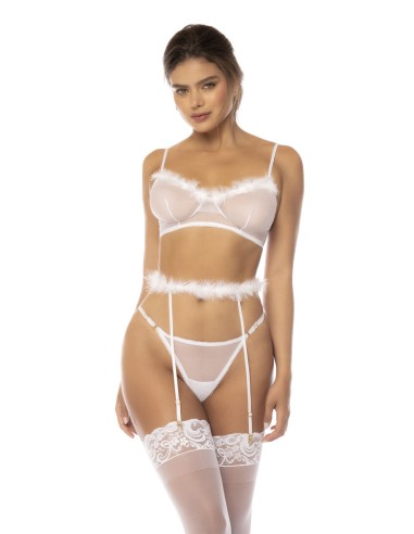 Emmie white 3-piece set, bra, garter belt with faux fur and matching thong - MAL8841WHT