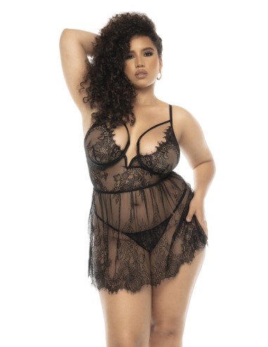 Nuisette noir Selma grande taille, en dentelle, avec armatures et string assorti inclus - MAL7550XBLK