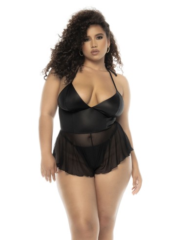 Body efecto babydoll Pearl de talla grande en efecto mojado negro y rejilla, tirantes ajustables, cremallera funcional en la esp