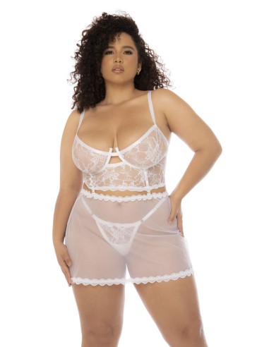 2-in-1 nachtjapon en 2-delige plus size set van kant en transparante mesh - MAL7544XWHT