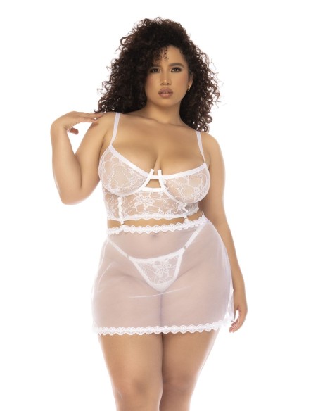 Camisón 2 en 1 y conjunto de 2 piezas talla grande en encaje y malla transparente - MAL7544XWHT