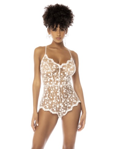 Body blanc transparent Celina avec dentelle brodée florale, bretelles ajustables - MAL7543STWT