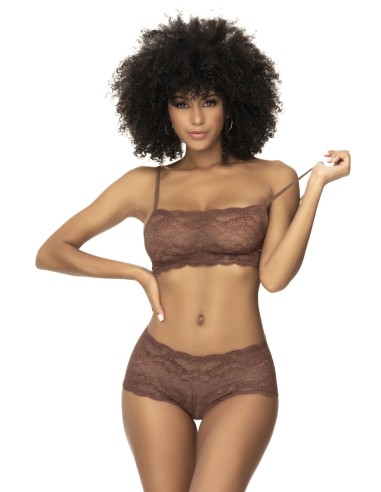 Conjunto de encaje de 2 piezas, top de tirantes y shorty color cacao - MAL206COCO