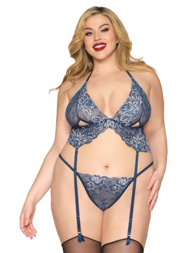 Liguero talla grande y tanga encaje floral azul - DG13522XBLU