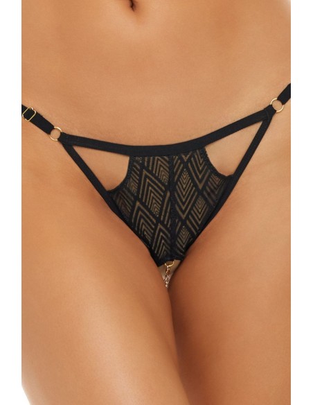 Black fancy open crotch thong with chains - REN1172-BLK