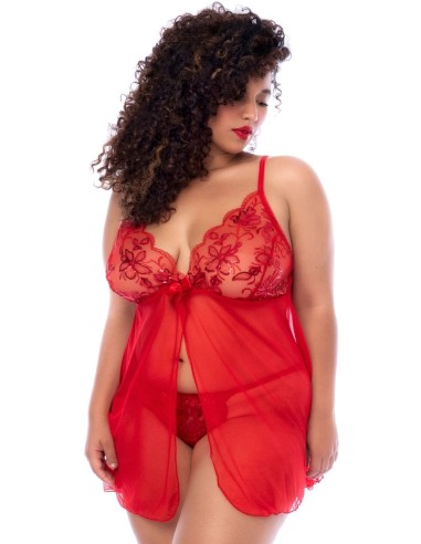 Camisón rojo abierto talla grande y tanga a juego - MAL7559XRD