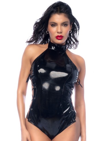 Zwarte vinyl string bodysuit - MAL2765GLBK