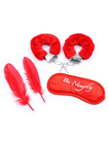 Kit travieso 4 piezas: Esposas, 2 plumas y antifaz rojo - 332400005