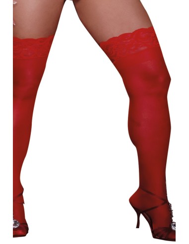 Plus Size Red Nylon Stockings Self-Supporting Lace Garters - DG0005XRED