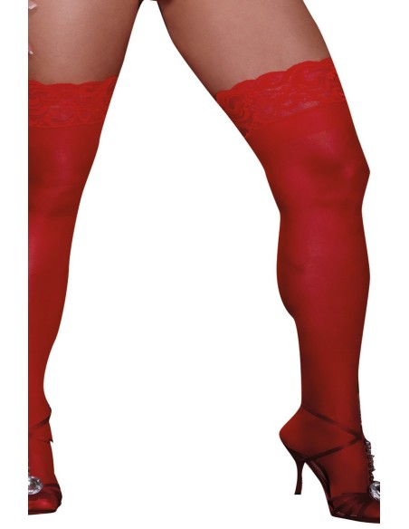 Plus Size Red Nylon Stockings Self-Supporting Lace Garters - DG0005XRED