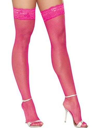 Pink fishnet stockings with seams and lace garters - DG0001HPK